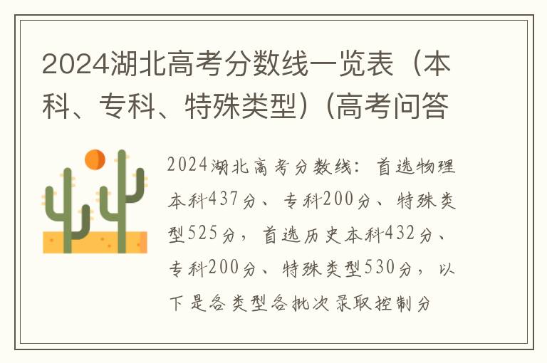2024湖北高考分数线一览表（本科、专科、特殊类型）(高考问答：湖北高考分数线报考指导)