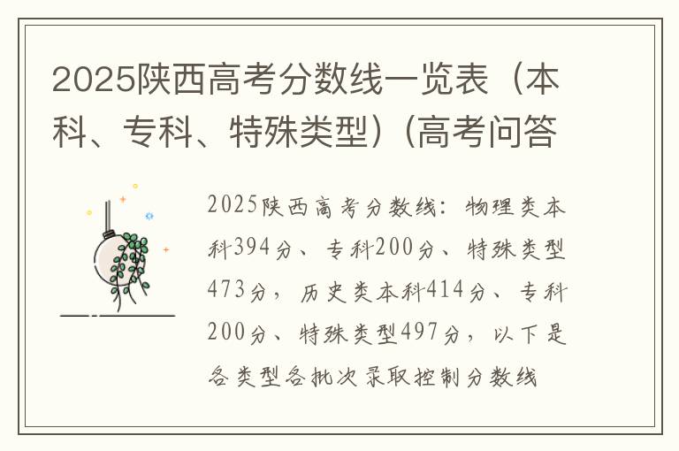 2025陕西高考分数线一览表（本科、专科、特殊类型）(高考问答：陕西高考分数线报考指导)