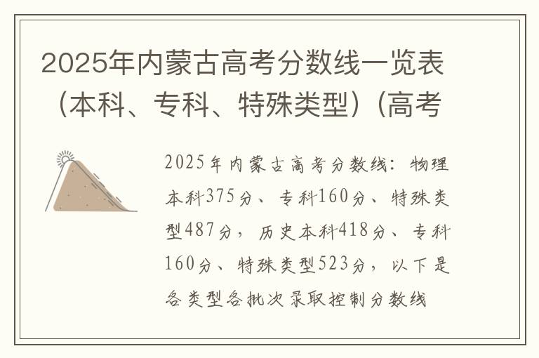 2025年内蒙古高考分数线一览表（本科、专科、特殊类型）(高考问答：内蒙古高考分数线报考指导)