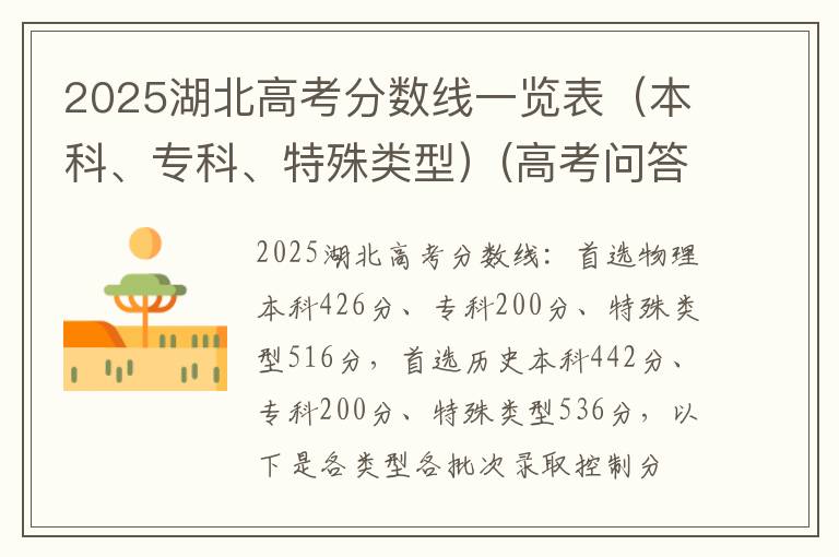 2025湖北高考分数线一览表（本科、专科、特殊类型）(高考问答：湖北高考分数线报考指导)